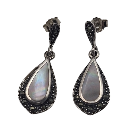 unbranded Jewelry - Vtg Sterling Silver 925 Abalone Marcasite Post Back Dangle Earrings 4.84g